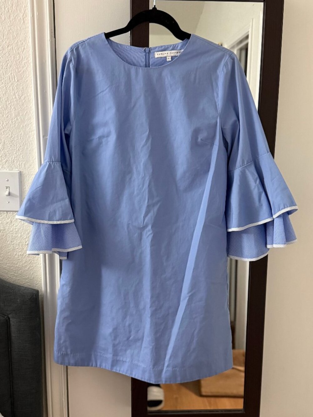 English Factory Blue Double Ruffle Bell Sleeve Mini Shift Dress Size L